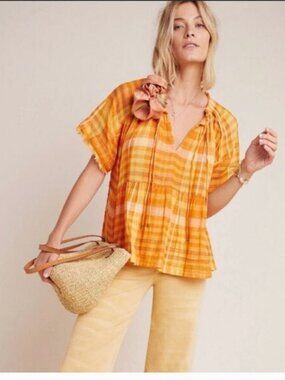 Anthropologie Pilcro 100% Cotton Bette Babydoll Top Yellow Gold White Plaid L